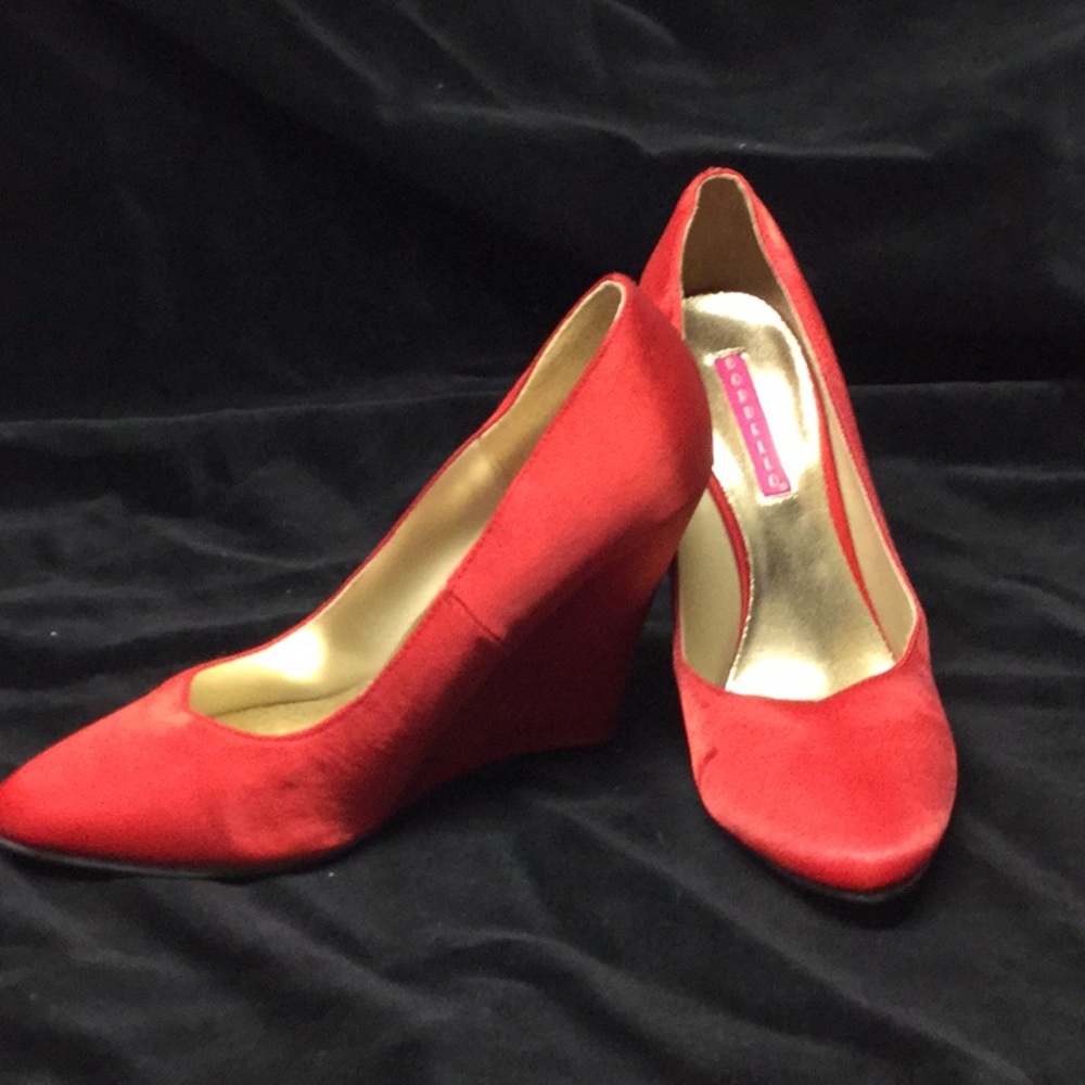 Bordello red silk wedge shoes.